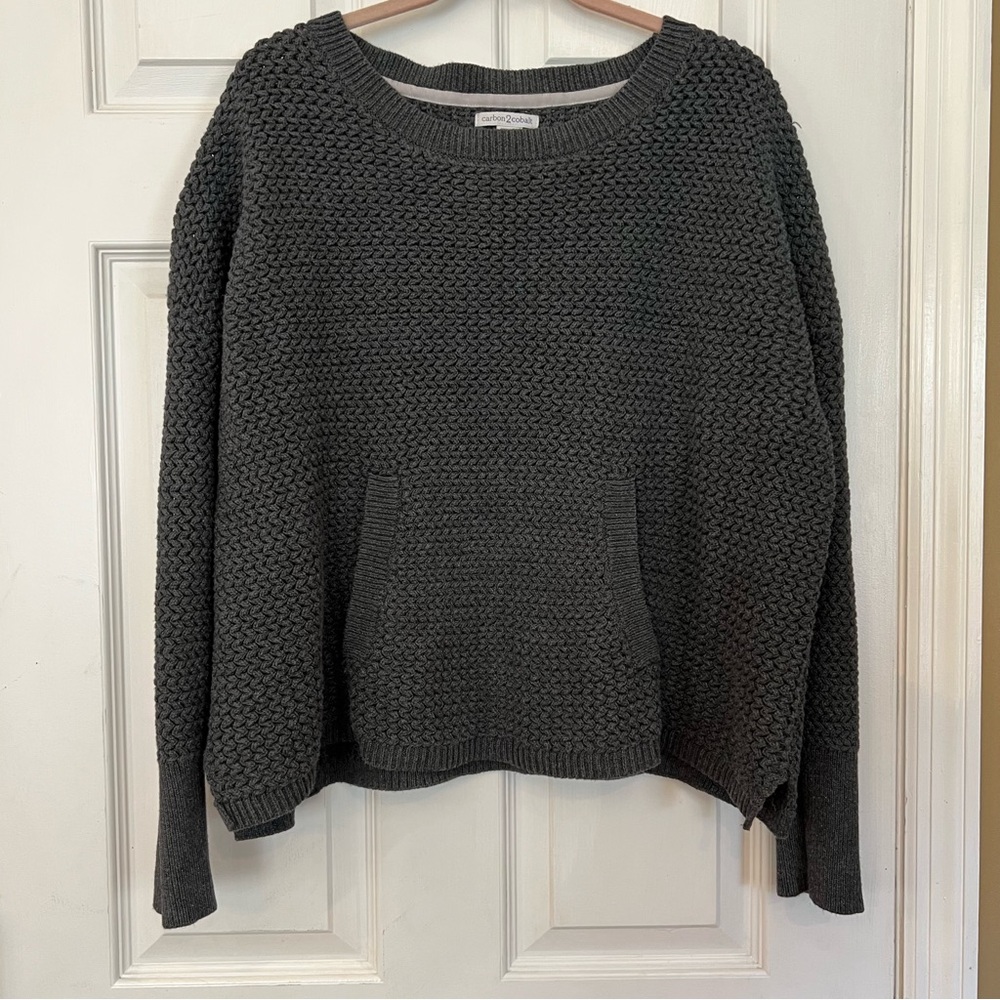 Carbon 2 Cobalt Large Knit Sweater Cropped Gray Pocket Women’s Sz L 100% Cotton